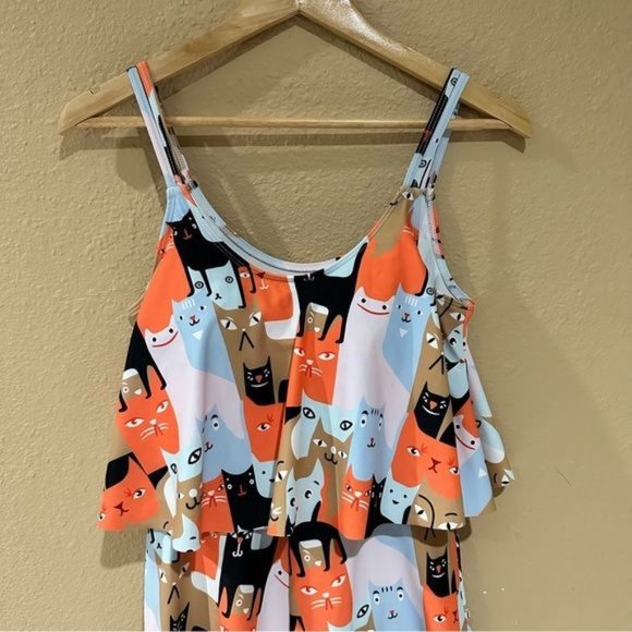 Cat Print Mod Romper Sleeveless Ruffle Padded Bra Pin Up Women’s Medium - Picture 3 of 14